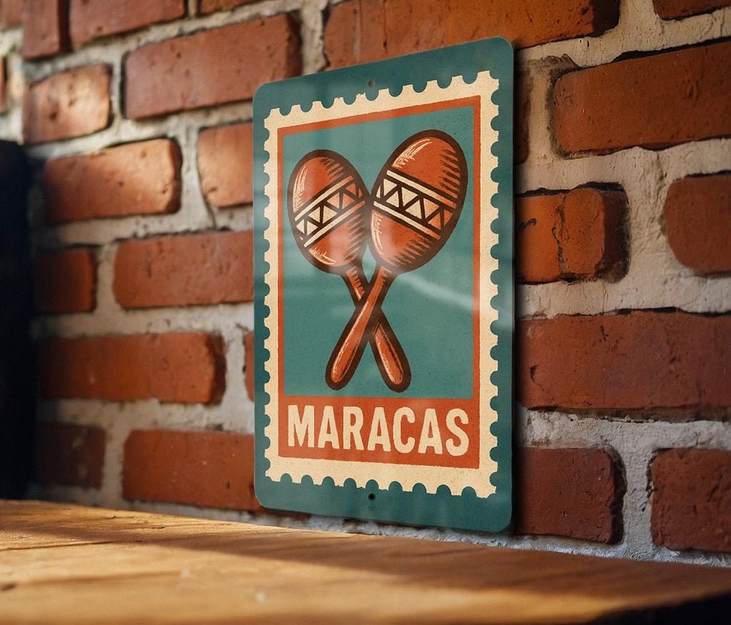 Maracas Stamp Style Metal Sign – Vintage Latin Music Wall Art, Rustic Percussion Decor for Home or Studio — photo 1