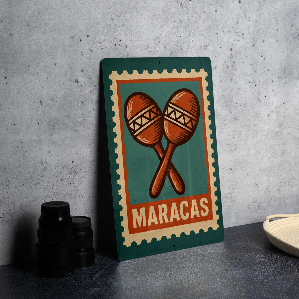 Maracas Stamp Style Metal Sign – Vintage Latin Music Wall Art, Rustic Percussion Decor for Home or Studio — photo 2
