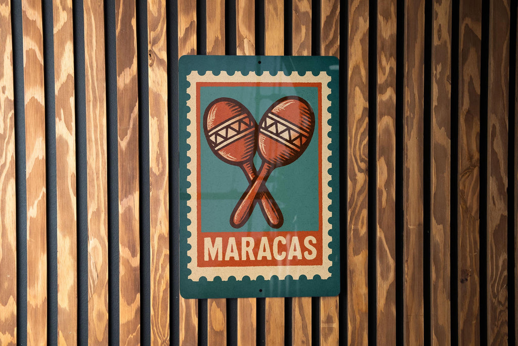 Maracas Stamp Style Metal Sign – Vintage Latin Music Wall Art, Rustic Percussion Decor for Home or Studio — photo 3