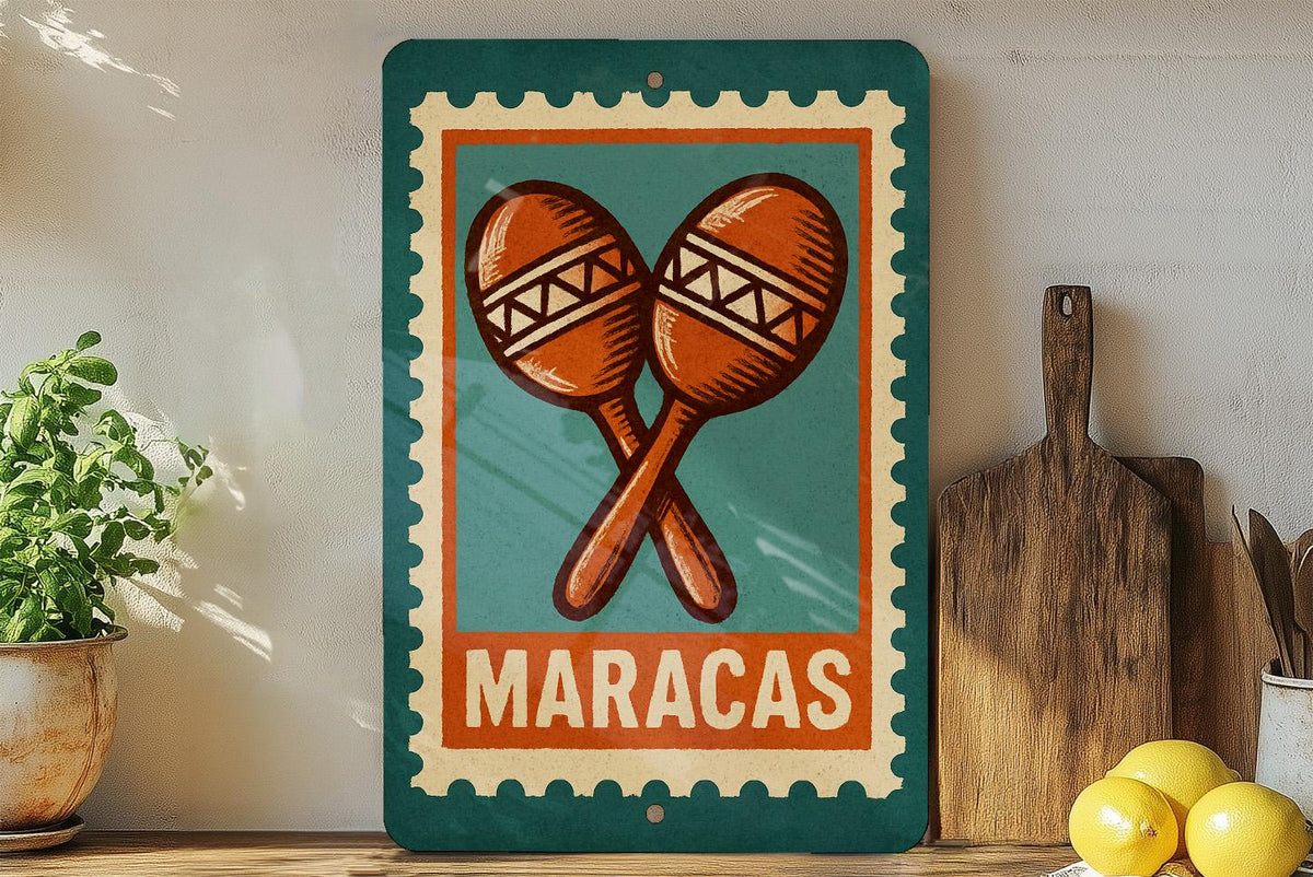 Maracas Stamp Style Metal Sign – Vintage Latin Music Wall Art, Rustic Percussion Decor for Home or Studio — photo 4