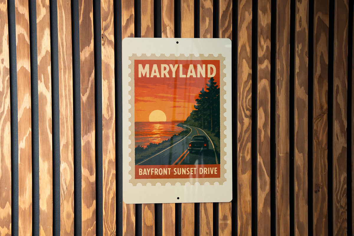 Maryland Bayfront Sunset Drive Metal Sign – Vintage Stamp Style Wall Art for Home, Beach House, or Lake Cabin Décor — photo 3