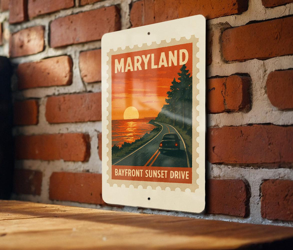 Maryland Bayfront Sunset Drive Metal Sign – Vintage Stamp Style Wall Art for Home, Beach House, or Lake Cabin Décor — photo 4