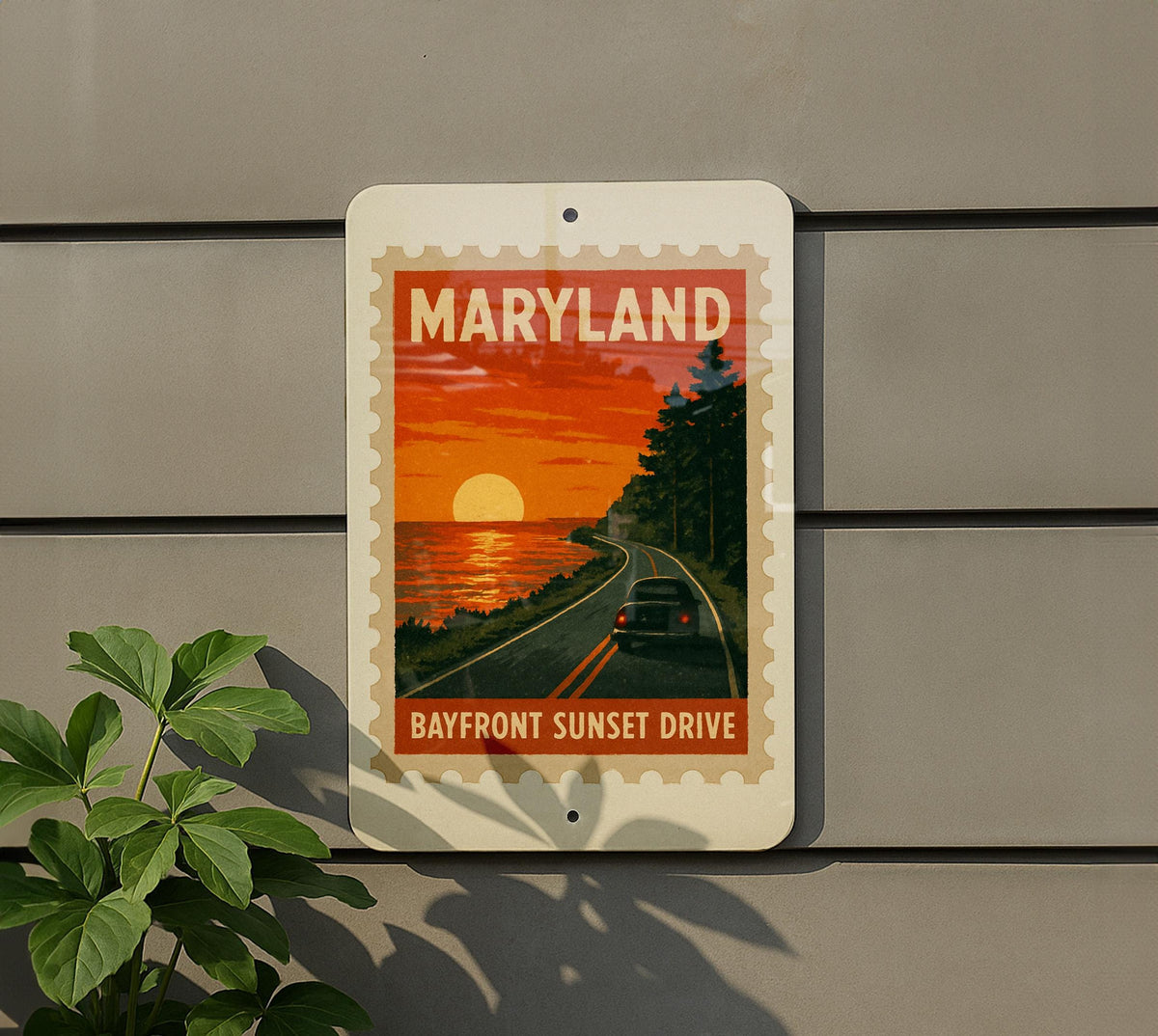 Maryland Bayfront Sunset Drive Metal Sign – Vintage Stamp Style Wall Art for Home, Beach House, or Lake Cabin Décor — photo 5