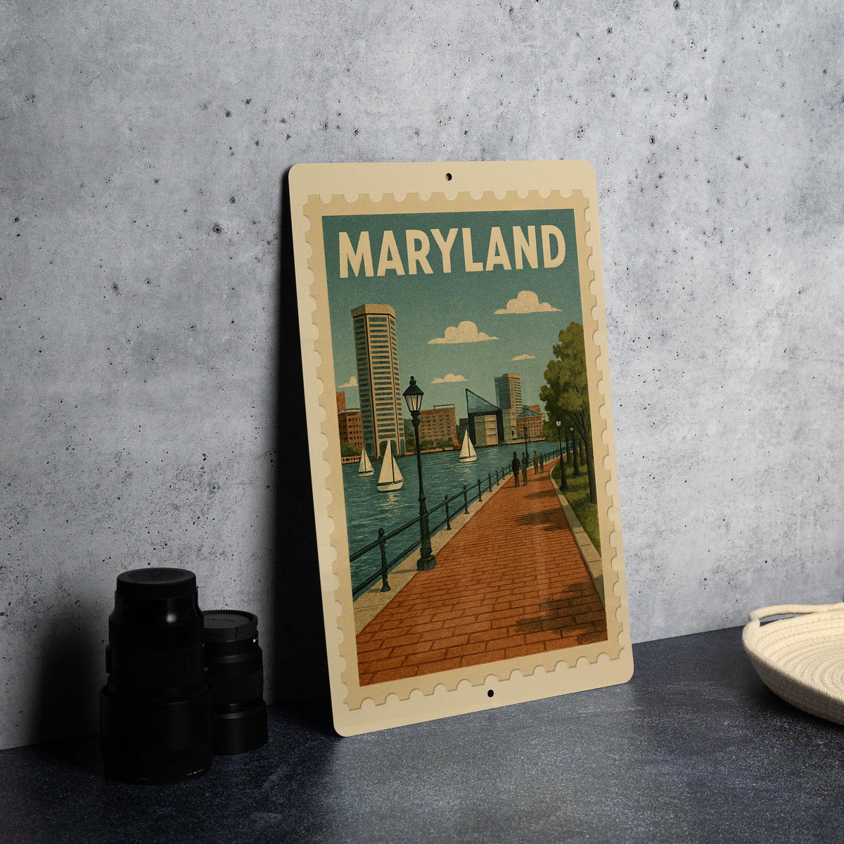 Maryland Harborfront Esplanade Metal Sign – Vintage Stamp Style Wall Art, Nautical Coastal Decor Gift — photo 1