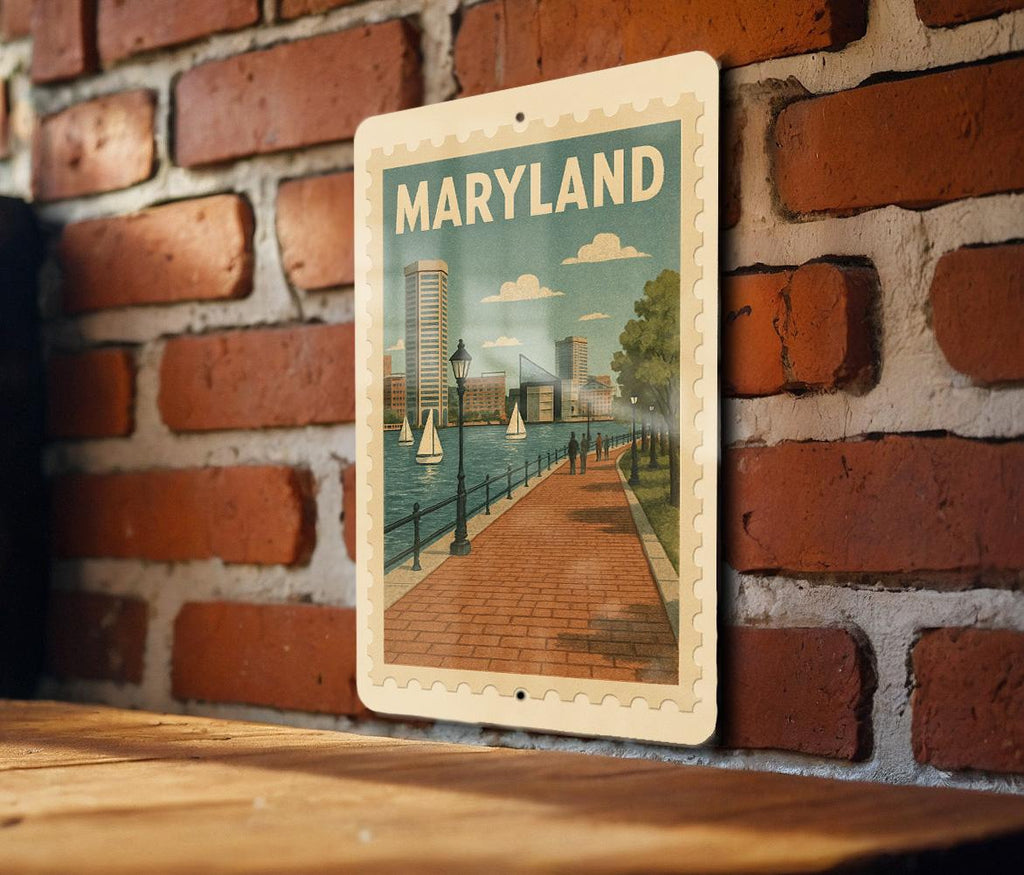 Maryland Harborfront Esplanade Metal Sign – Vintage Stamp Style Wall Art, Nautical Coastal Decor Gift — photo 3