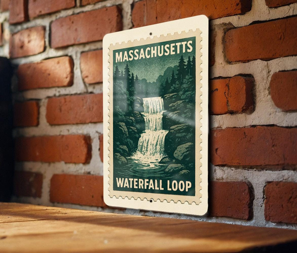 Massachusetts Waterfall Loop Metal Sign – Vintage Stamp Style Wall Art, Rustic State Park Decor, Outdoor Adventure Gift — photo 1