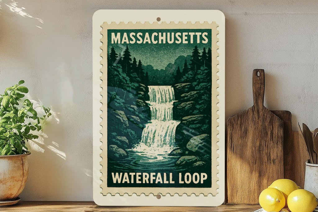 Massachusetts Waterfall Loop Metal Sign – Vintage Stamp Style Wall Art, Rustic State Park Decor, Outdoor Adventure Gift — photo 3