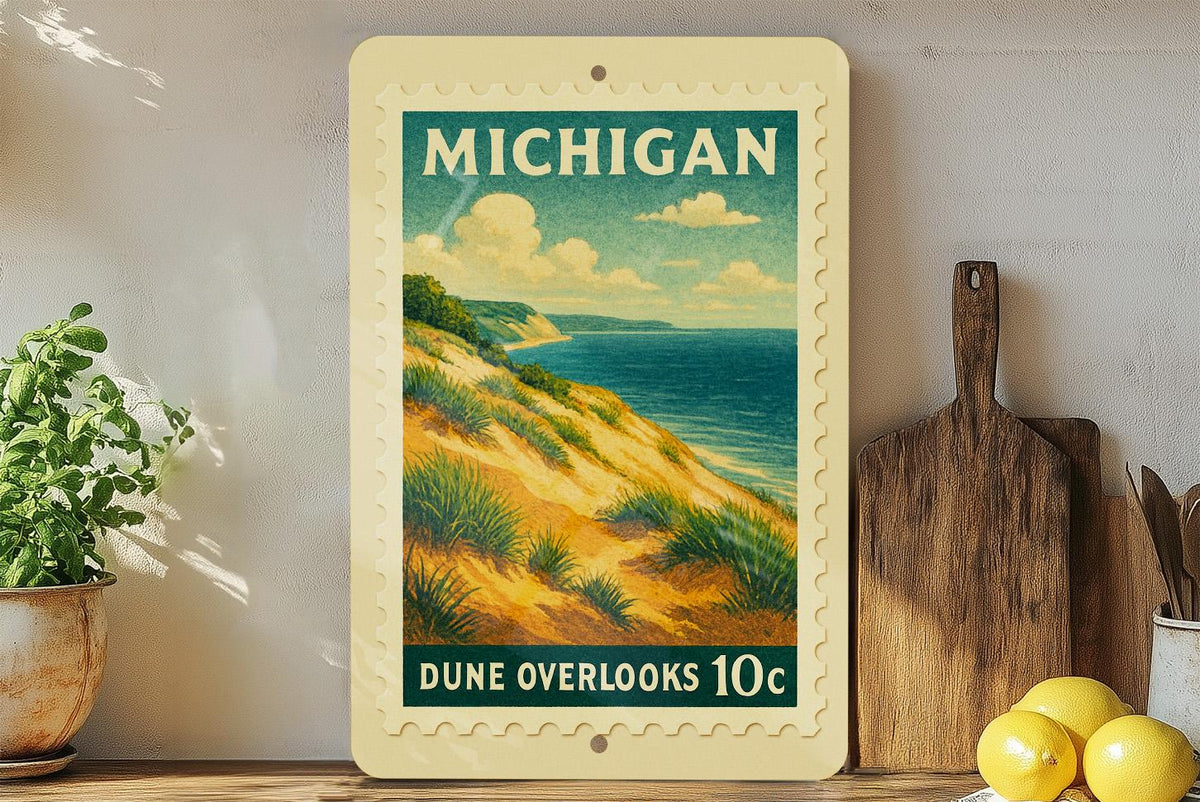 Michigan Dune Overlook Metal Sign – Vintage Stamp Style Wall Art, Nature Landscape Decor, Rustic Lake Michigan Home Sign — photo 1