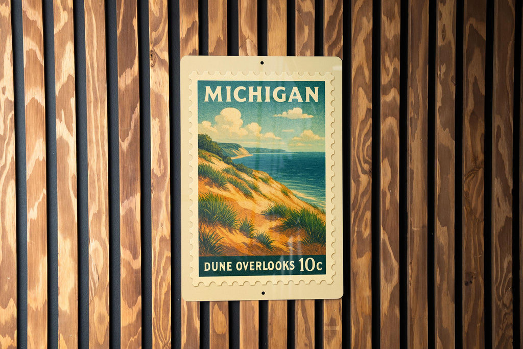 Michigan Dune Overlook Metal Sign – Vintage Stamp Style Wall Art, Nature Landscape Decor, Rustic Lake Michigan Home Sign — photo 2