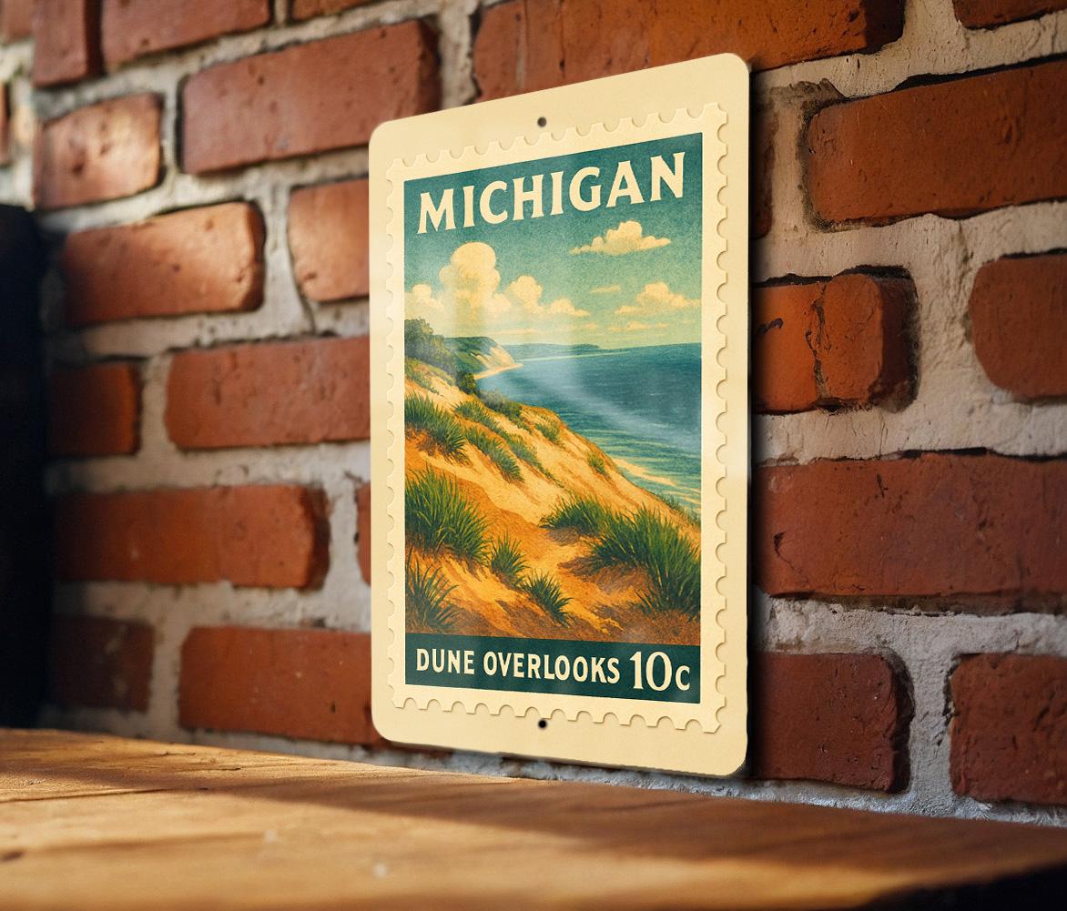 Michigan Dune Overlook Metal Sign – Vintage Stamp Style Wall Art, Nature Landscape Decor, Rustic Lake Michigan Home Sign — photo 4