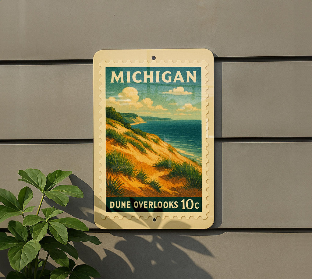Michigan Dune Overlook Metal Sign – Vintage Stamp Style Wall Art, Nature Landscape Decor, Rustic Lake Michigan Home Sign — photo 5