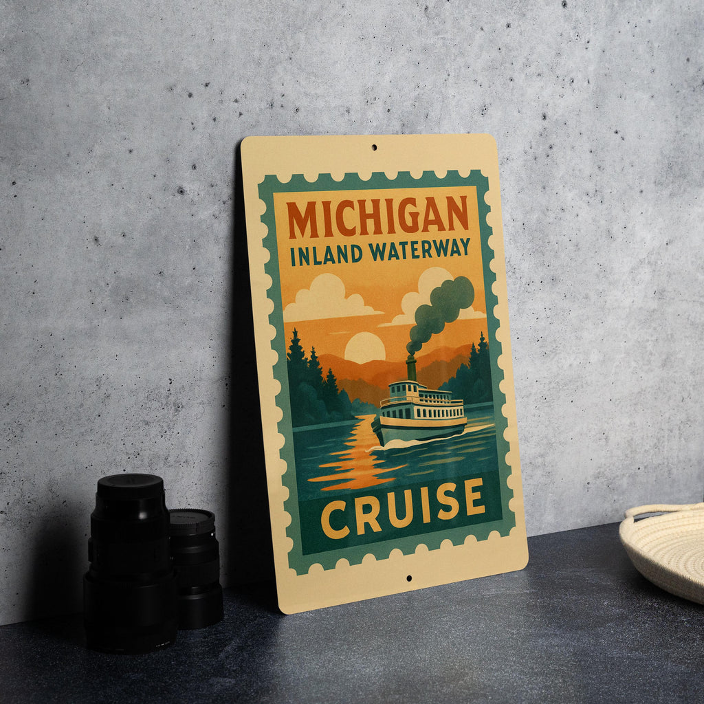 Michigan Inland Waterway Cruise Metal Sign – Vintage Stamp Style Wall Art for Lake Cabin, Boating Decor, Nautical Gift — photo 1