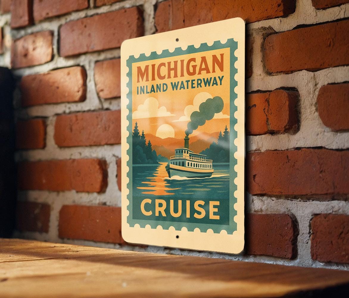 Michigan Inland Waterway Cruise Metal Sign – Vintage Stamp Style Wall Art for Lake Cabin, Boating Decor, Nautical Gift — photo 3