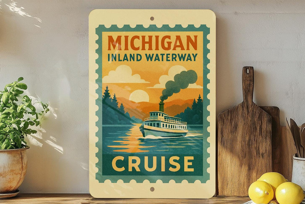 Michigan Inland Waterway Cruise Metal Sign – Vintage Stamp Style Wall Art for Lake Cabin, Boating Decor, Nautical Gift — photo 4