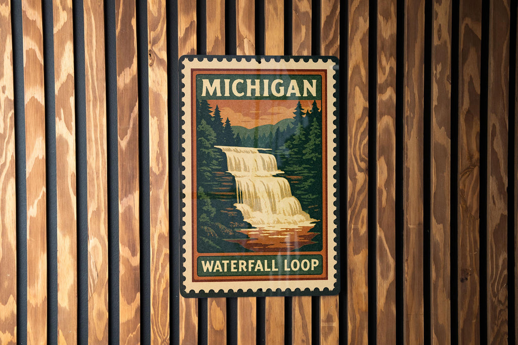 Michigan Waterfall Loop Metal Sign – Vintage Stamp Style Wall Art, Rustic Michigan Decor for Cabin, Lodge, or Home — photo 1