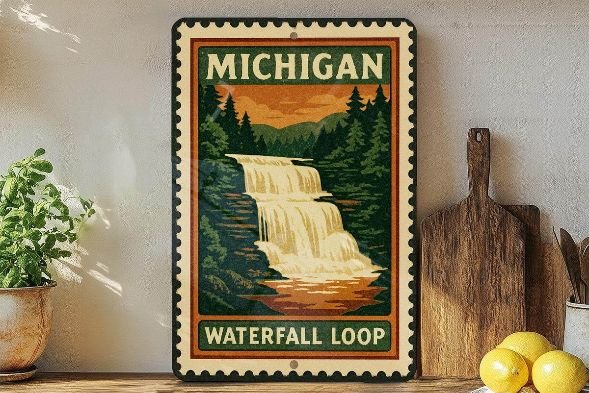 Michigan Waterfall Loop Metal Sign – Vintage Stamp Style Wall Art, Rustic Michigan Decor for Cabin, Lodge, or Home — photo 2