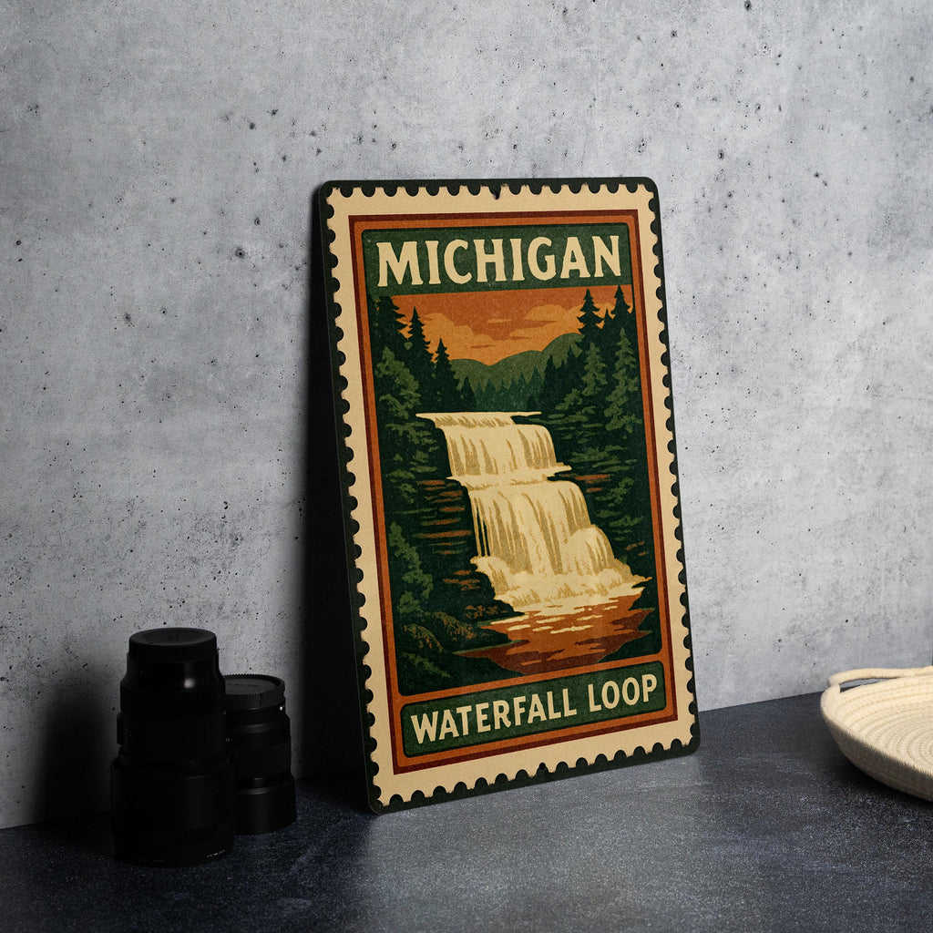 Michigan Waterfall Loop Metal Sign – Vintage Stamp Style Wall Art, Rustic Michigan Decor for Cabin, Lodge, or Home — photo 4