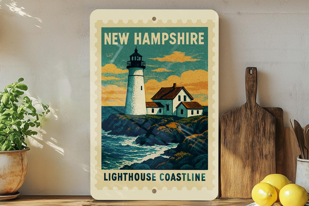 New Hampshire Lighthouse Coastline Metal Sign – Vintage Stamp Style Wall Art for Home, Cabin, or Coastal Decor — photo 1