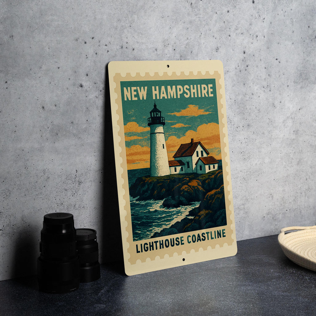 New Hampshire Lighthouse Coastline Metal Sign – Vintage Stamp Style Wall Art for Home, Cabin, or Coastal Decor — photo 2