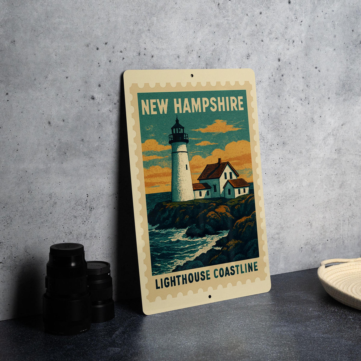 New Hampshire Lighthouse Coastline Metal Sign – Vintage Stamp Style Wall Art for Home, Cabin, or Coastal Decor — photo 2