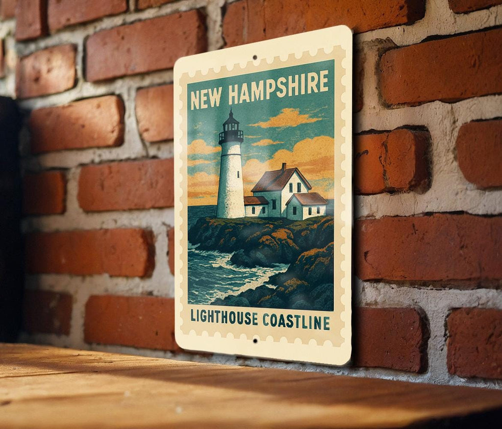 New Hampshire Lighthouse Coastline Metal Sign – Vintage Stamp Style Wall Art for Home, Cabin, or Coastal Decor — photo 3