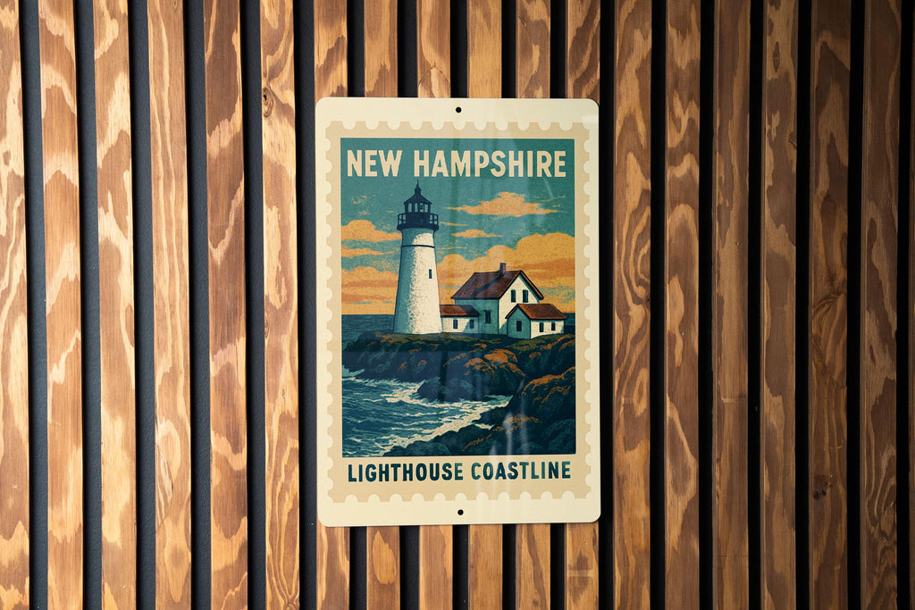 New Hampshire Lighthouse Coastline Metal Sign – Vintage Stamp Style Wall Art for Home, Cabin, or Coastal Decor — photo 4
