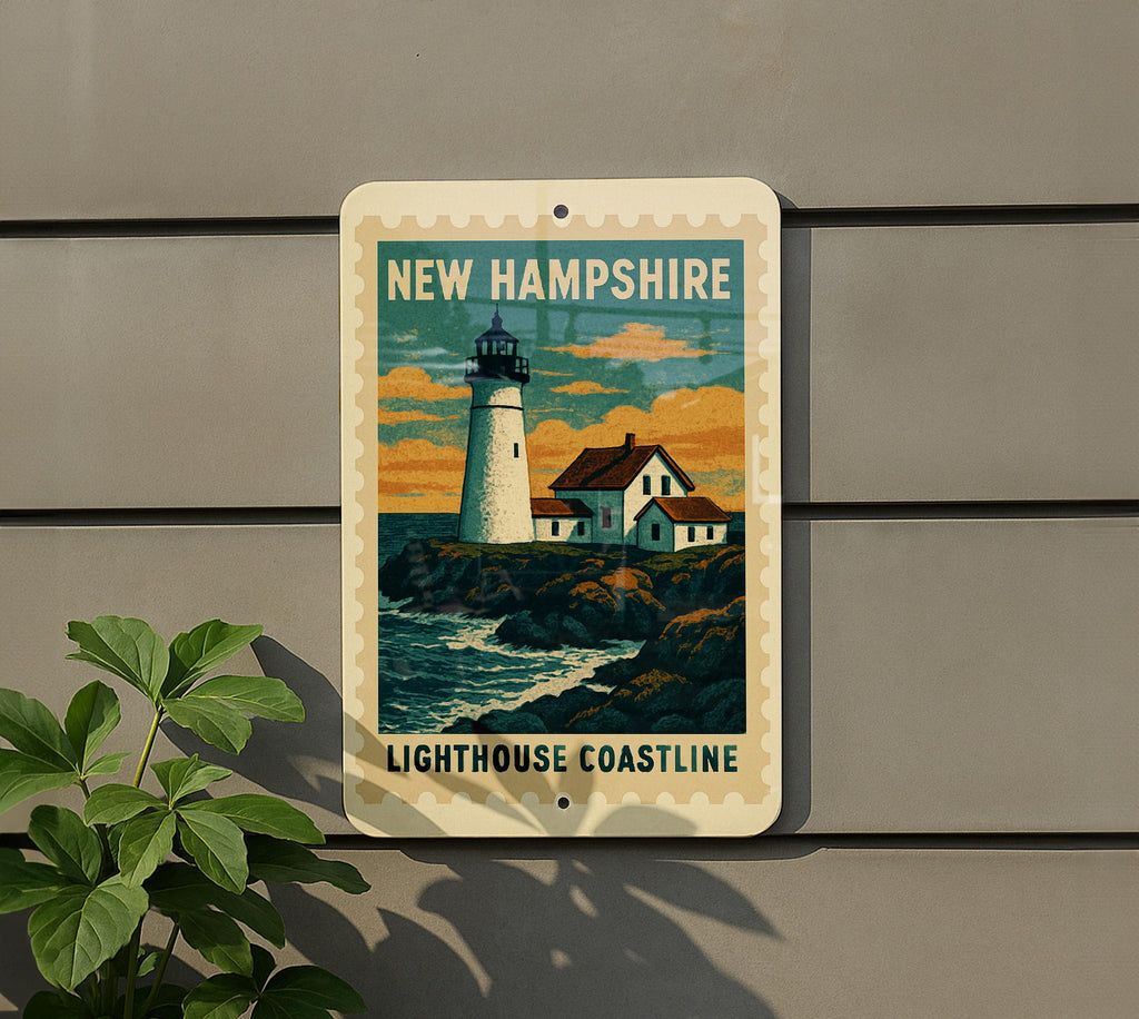 New Hampshire Lighthouse Coastline Metal Sign – Vintage Stamp Style Wall Art for Home, Cabin, or Coastal Decor — photo 5