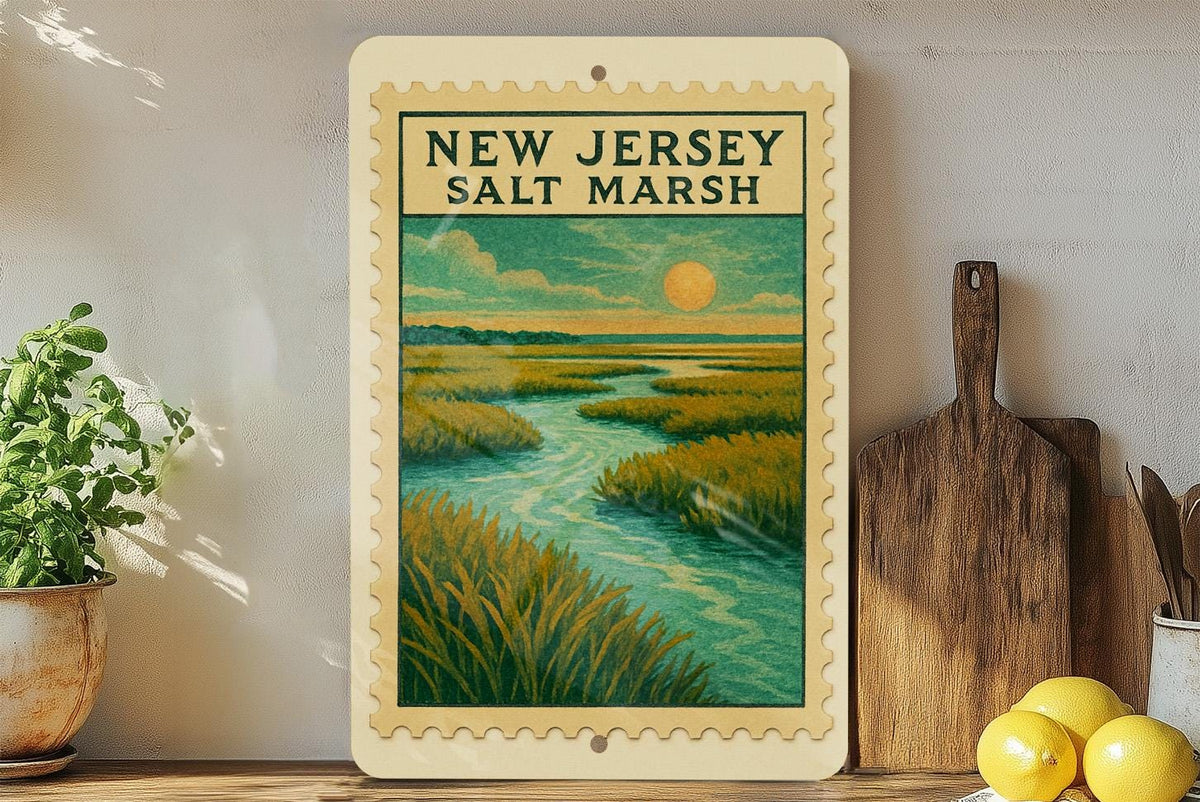 New Jersey Salt Marsh Overlook Metal Sign – Vintage Stamp Style Wall Art for Coastal Home or Nature Decor — photo 1