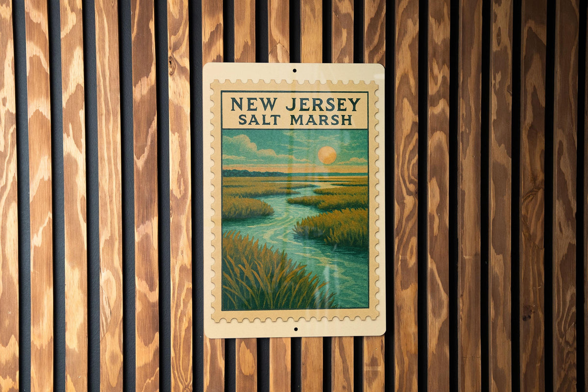 New Jersey Salt Marsh Overlook Metal Sign – Vintage Stamp Style Wall Art for Coastal Home or Nature Decor — photo 2