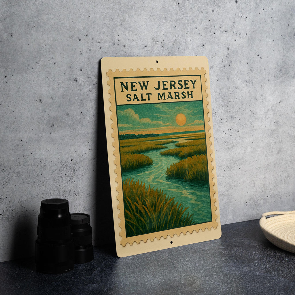 New Jersey Salt Marsh Overlook Metal Sign – Vintage Stamp Style Wall Art for Coastal Home or Nature Decor — photo 3
