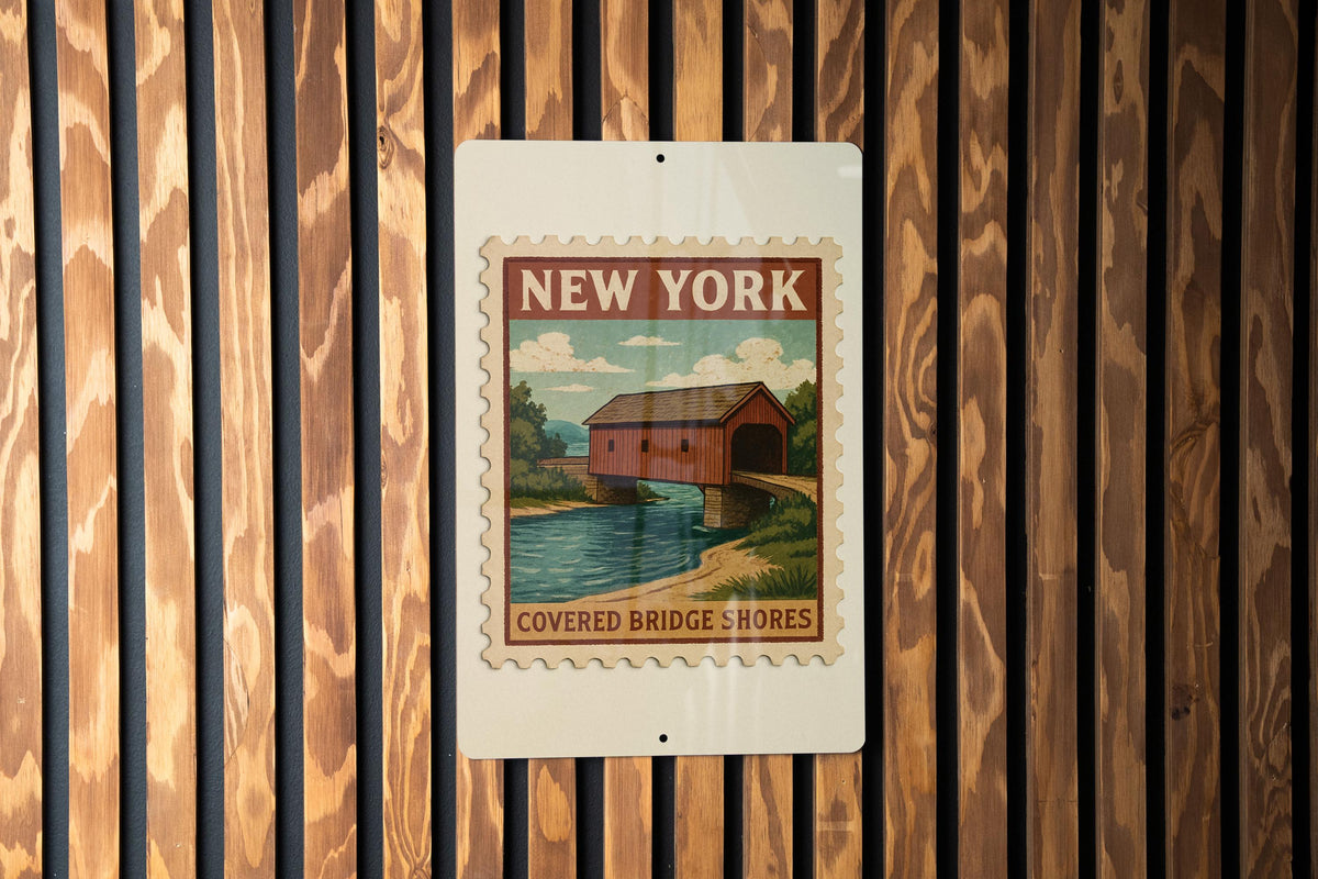New York Covered Bridge Metal Sign – Rustic Stamp Style Wall Art, Vintage NY Decor for Cabin, Bar, Garage, or Man Cave — photo 2