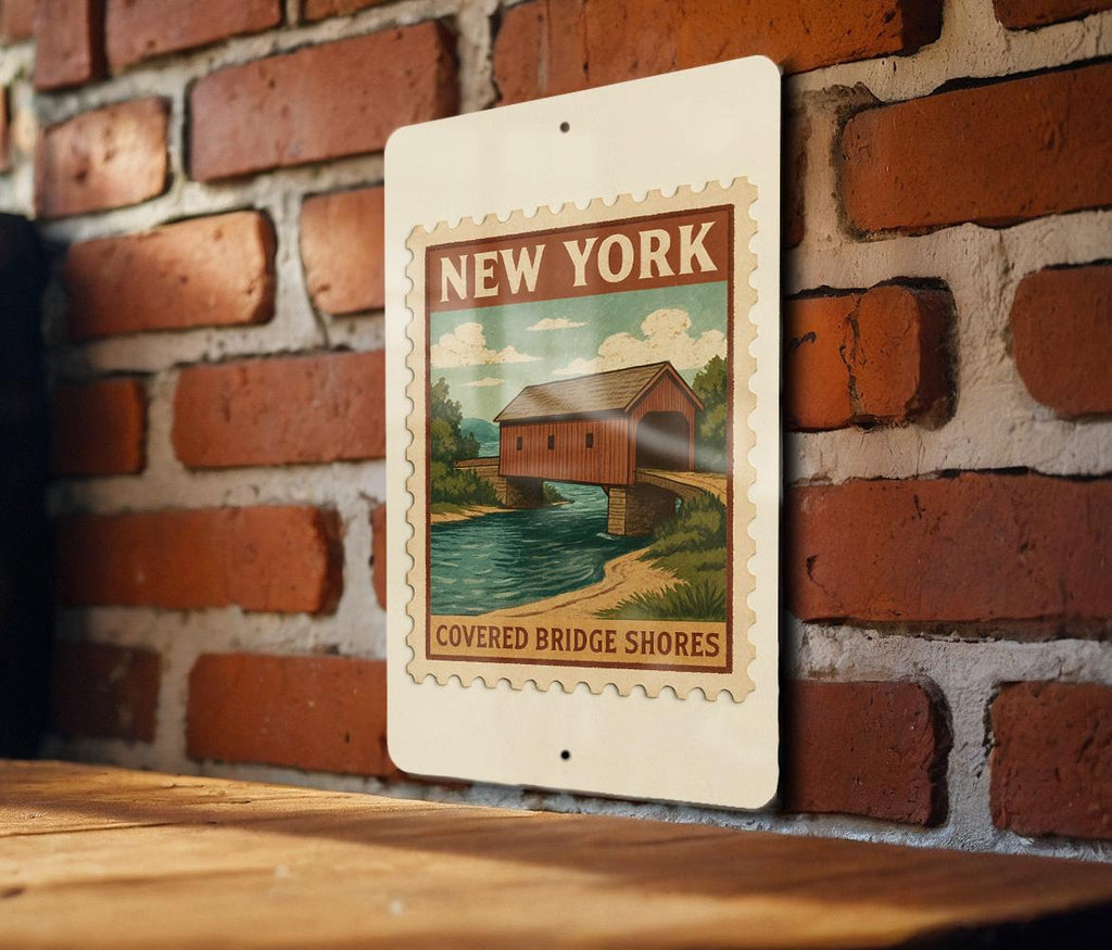 New York Covered Bridge Metal Sign – Rustic Stamp Style Wall Art, Vintage NY Decor for Cabin, Bar, Garage, or Man Cave — photo 3