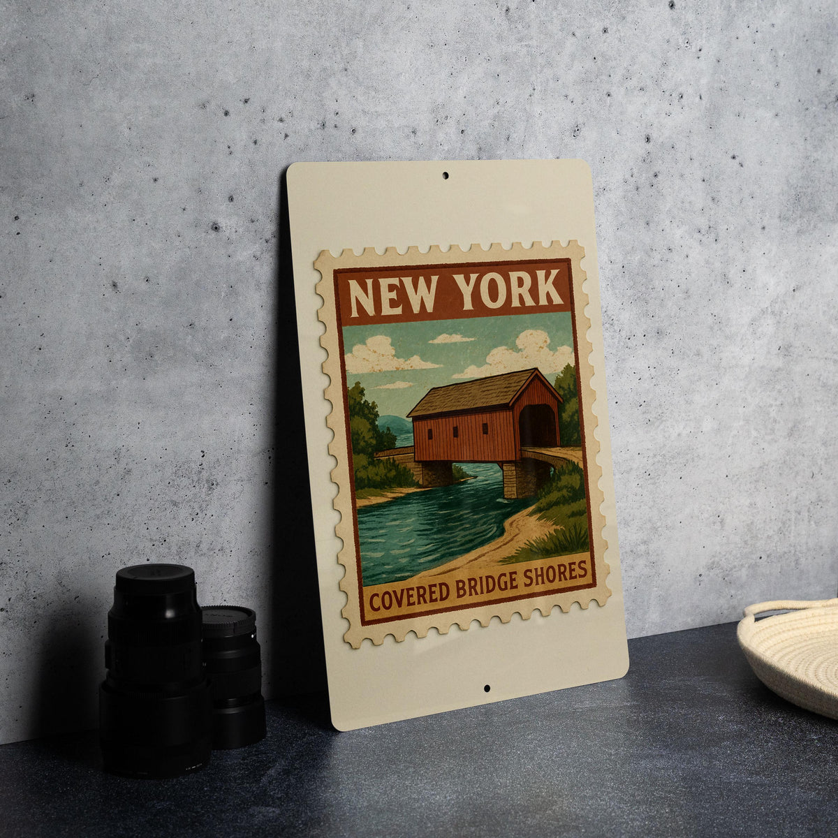 New York Covered Bridge Metal Sign – Rustic Stamp Style Wall Art, Vintage NY Decor for Cabin, Bar, Garage, or Man Cave — photo 4