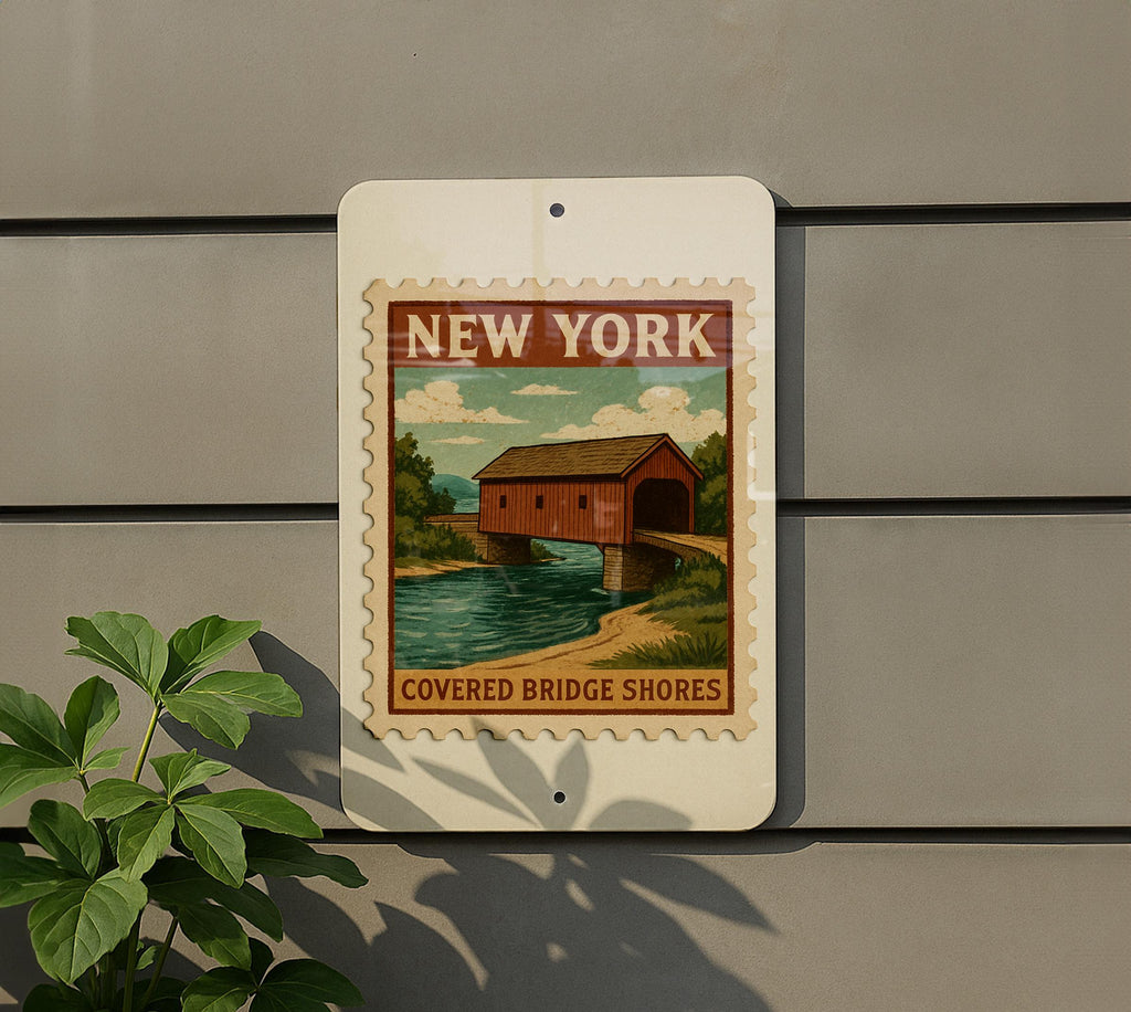 New York Covered Bridge Metal Sign – Rustic Stamp Style Wall Art, Vintage NY Decor for Cabin, Bar, Garage, or Man Cave — photo 5