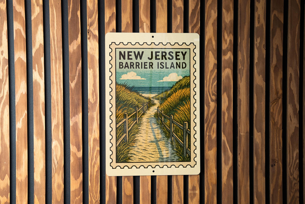 New Jersey Barrier Island Pathways Metal Sign – Vintage Stamp Style Coastal Wall Art for Beach House or Shore Decor — photo 1