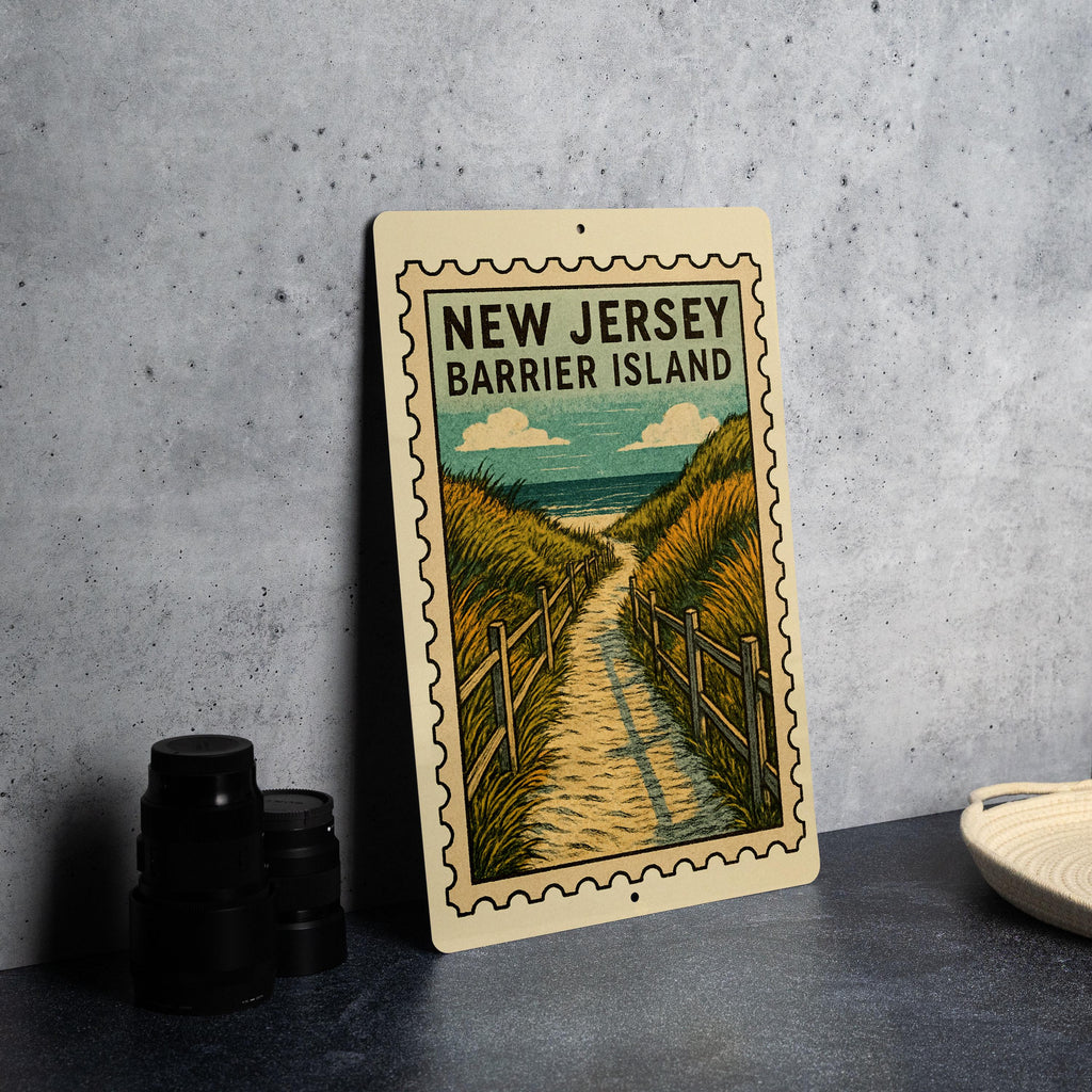 New Jersey Barrier Island Pathways Metal Sign – Vintage Stamp Style Coastal Wall Art for Beach House or Shore Decor — photo 2