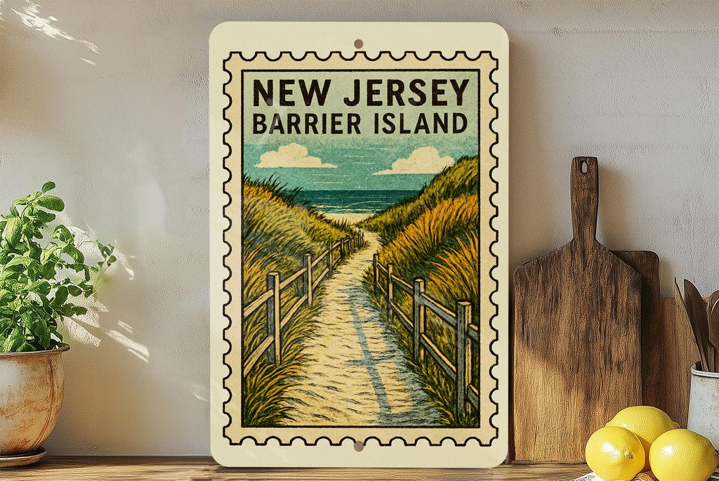 New Jersey Barrier Island Pathways Metal Sign – Vintage Stamp Style Coastal Wall Art for Beach House or Shore Decor — photo 4