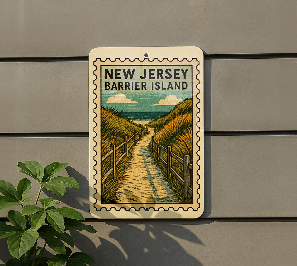 New Jersey Barrier Island Pathways Metal Sign – Vintage Stamp Style Coastal Wall Art for Beach House or Shore Decor — photo 5