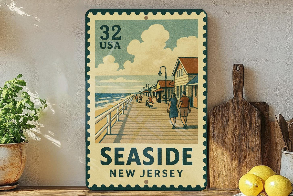 New Jersey Seaside Promenade Metal Sign – Vintage Coastal Wall Art, Retro Beach Decor, Stamp Style NJ Souvenir Sign — photo 3