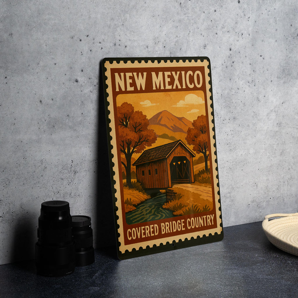 New Mexico Covered Bridge Metal Sign – Rustic Stamp Style Wall Art for Home, Cabin, or Country Decor — photo 1