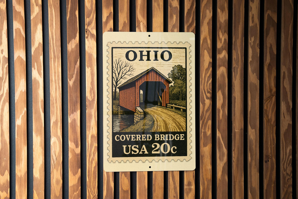 Ohio Covered Bridge Wall Art – Vintage Stamp Style Metal Sign for Home, Cabin, Rustic Country Decor, Ohio Souvenir Gift — photo 2