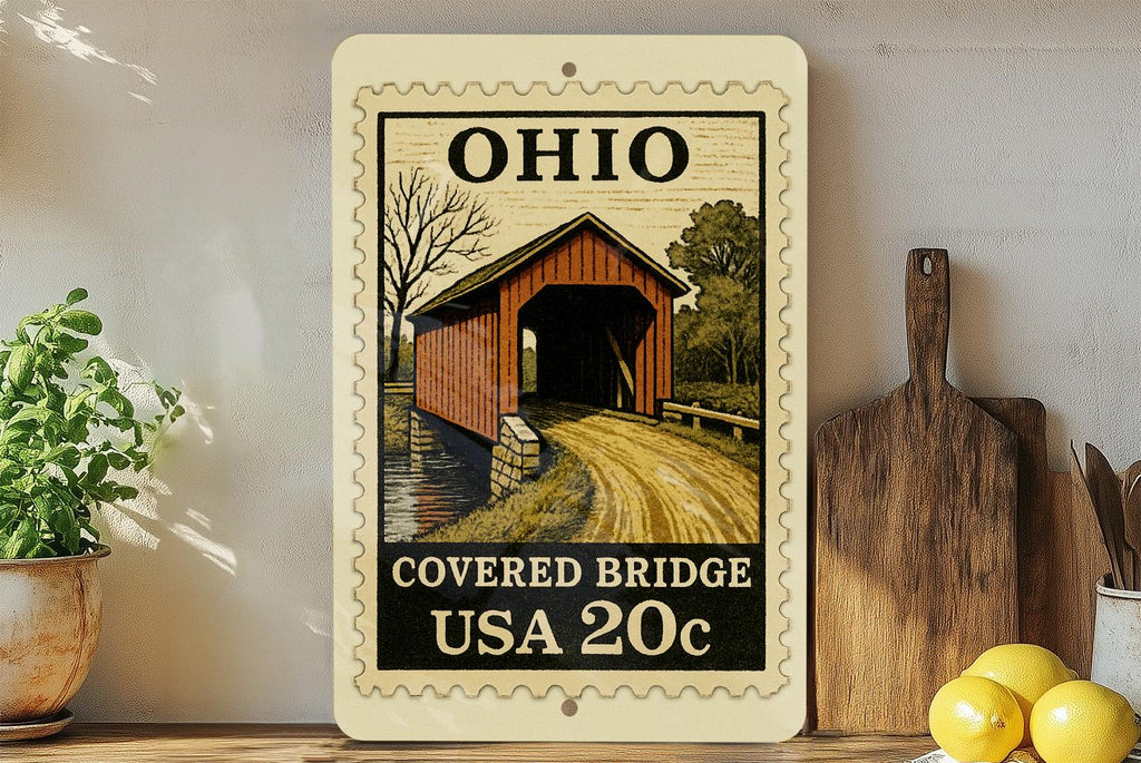 Ohio Covered Bridge Wall Art – Vintage Stamp Style Metal Sign for Home, Cabin, Rustic Country Decor, Ohio Souvenir Gift — photo 3
