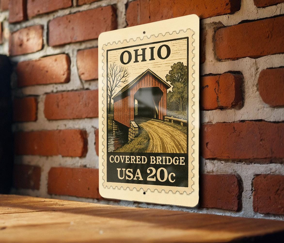Ohio Covered Bridge Wall Art – Vintage Stamp Style Metal Sign for Home, Cabin, Rustic Country Decor, Ohio Souvenir Gift — photo 4