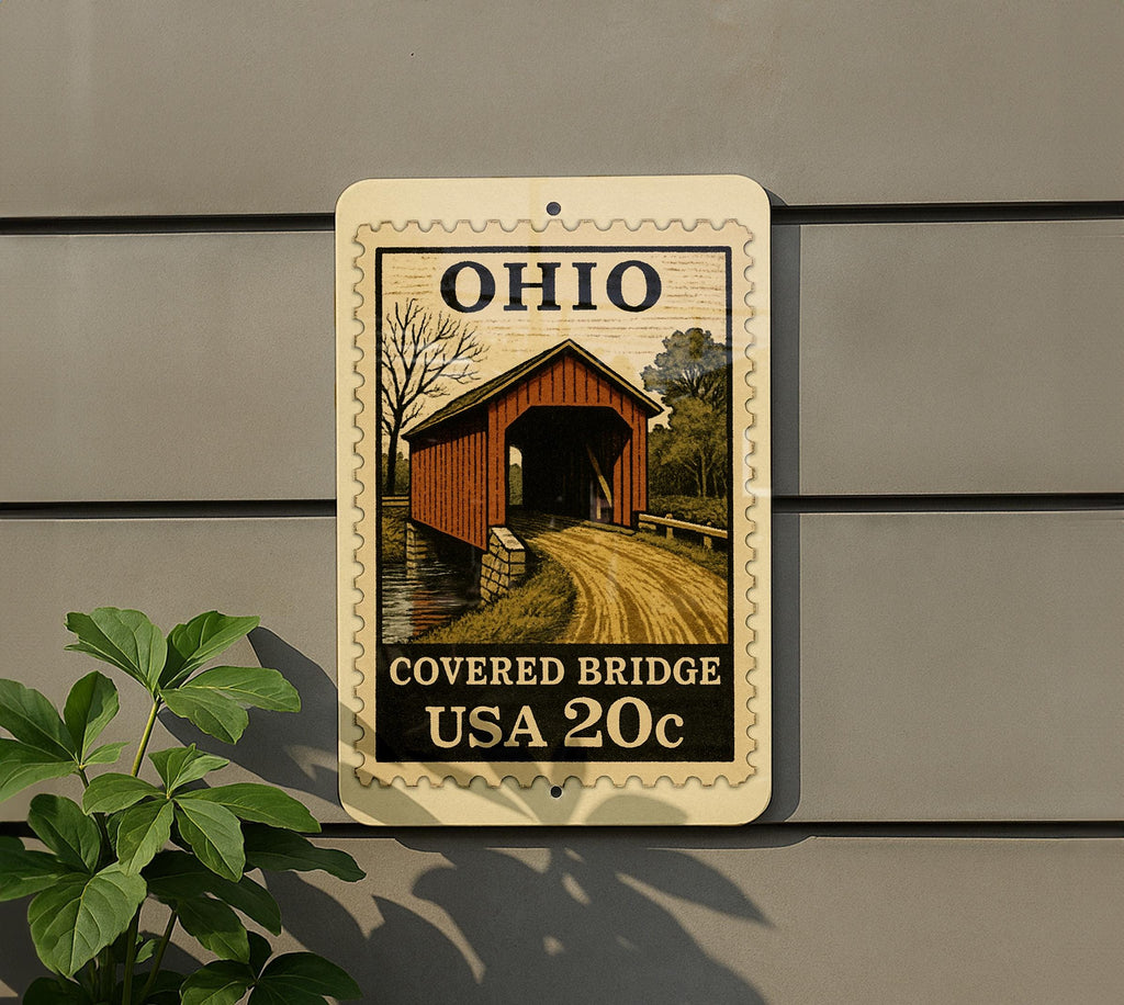 Ohio Covered Bridge Wall Art – Vintage Stamp Style Metal Sign for Home, Cabin, Rustic Country Decor, Ohio Souvenir Gift — photo 5