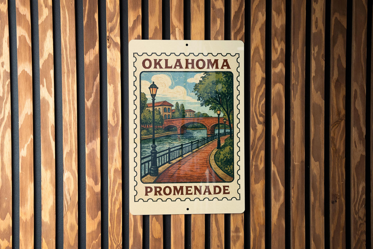 Oklahoma Riverwalk Promenade Metal Sign – Vintage Stamp Style Wall Art, Rustic Home Decor, State Souvenir Gift — photo 1