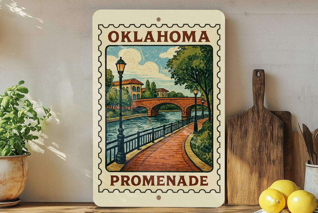 Oklahoma Riverwalk Promenade Metal Sign – Vintage Stamp Style Wall Art, Rustic Home Decor, State Souvenir Gift — photo 2