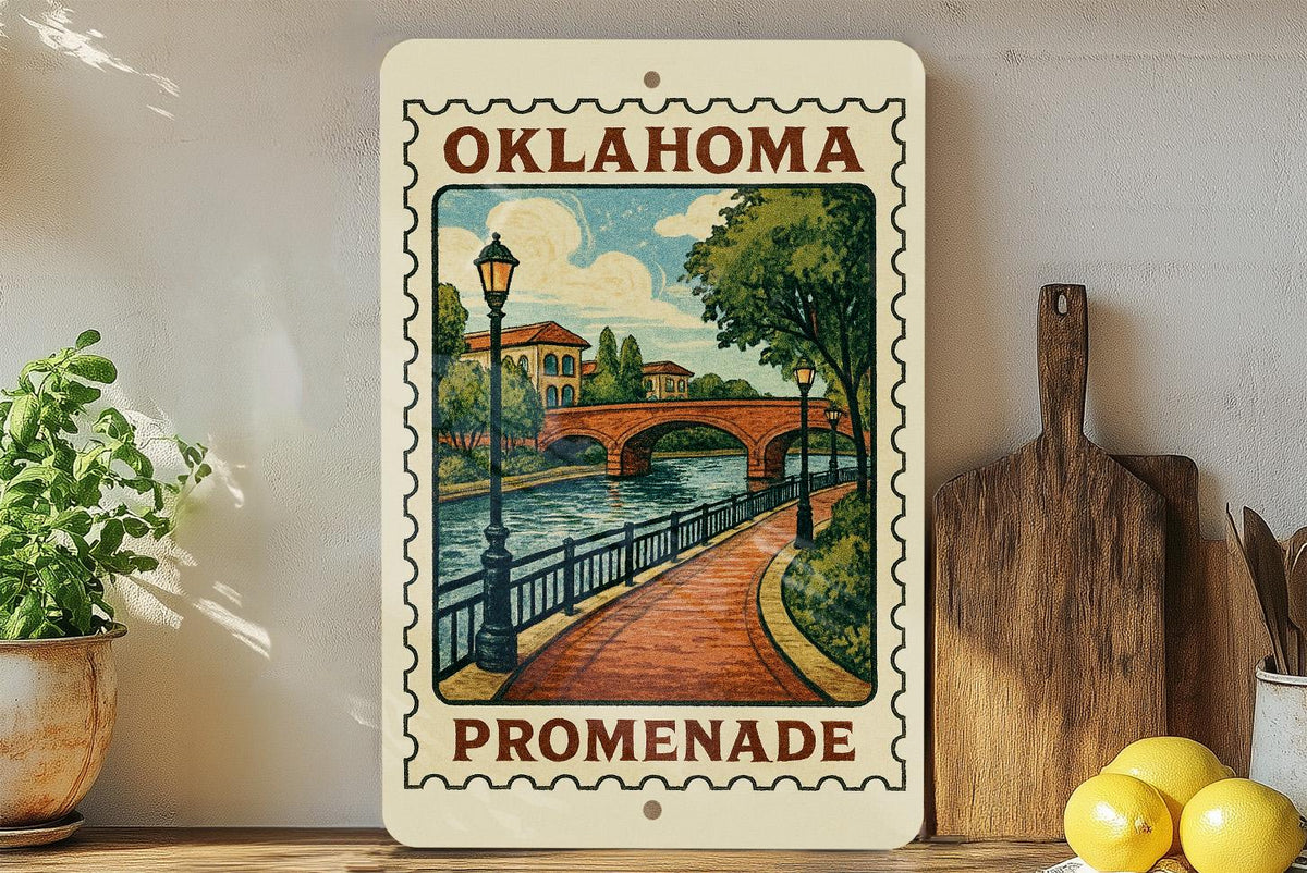 Oklahoma Riverwalk Promenade Metal Sign – Vintage Stamp Style Wall Art, Rustic Home Decor, State Souvenir Gift — photo 2