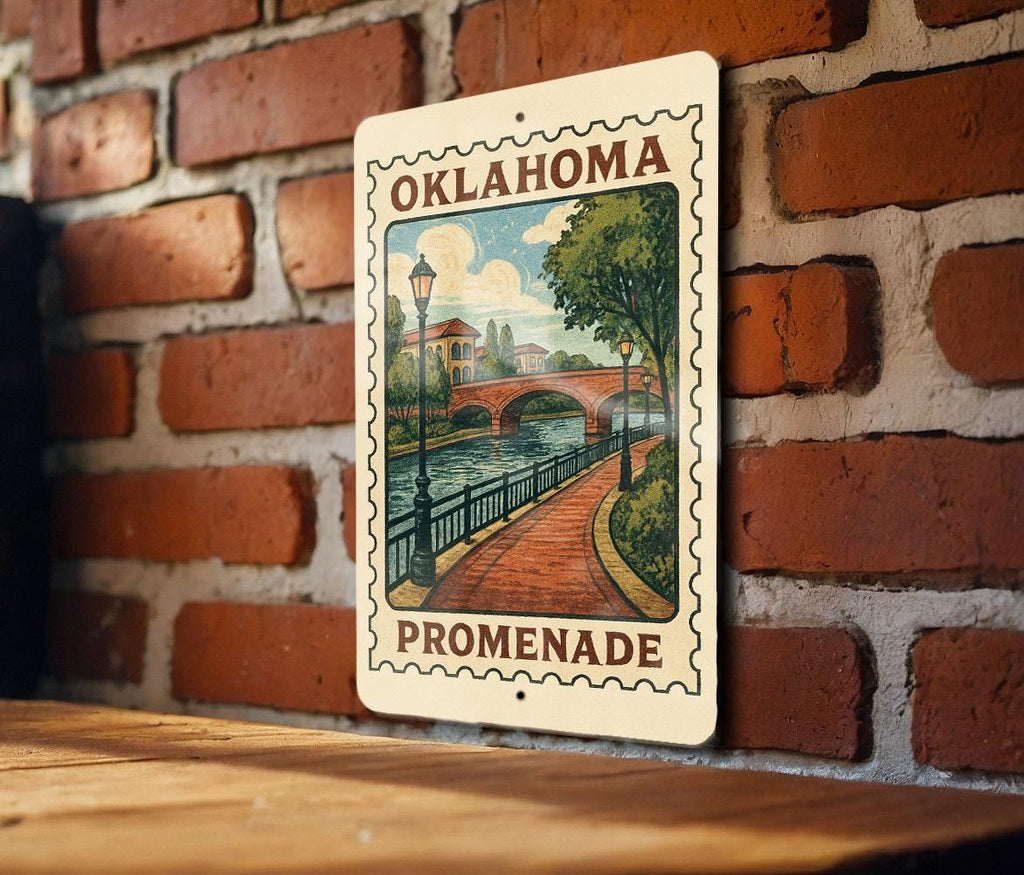 Oklahoma Riverwalk Promenade Metal Sign – Vintage Stamp Style Wall Art, Rustic Home Decor, State Souvenir Gift — photo 4
