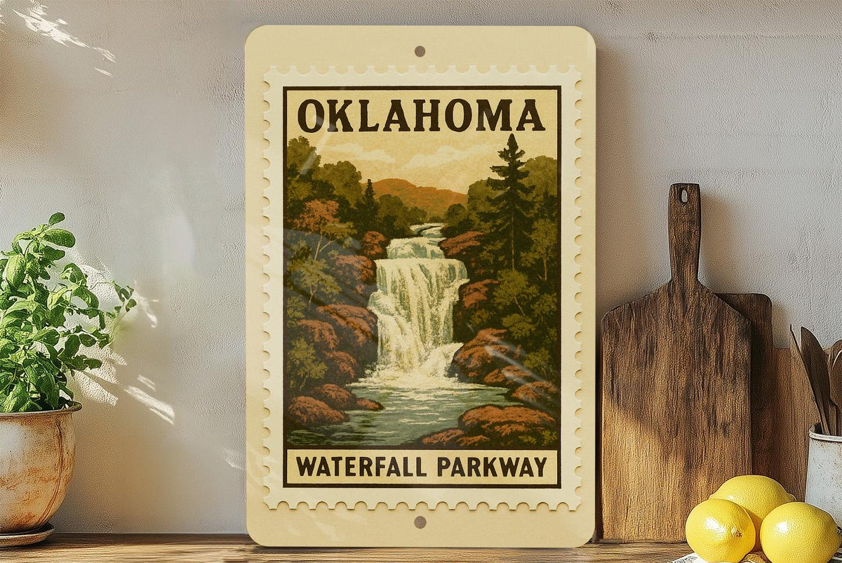 Oklahoma Waterfall Parkway Metal Sign – Vintage Stamp Style Wall Art, Rustic State Decor, Retro Travel Road Sign Gift — photo 2