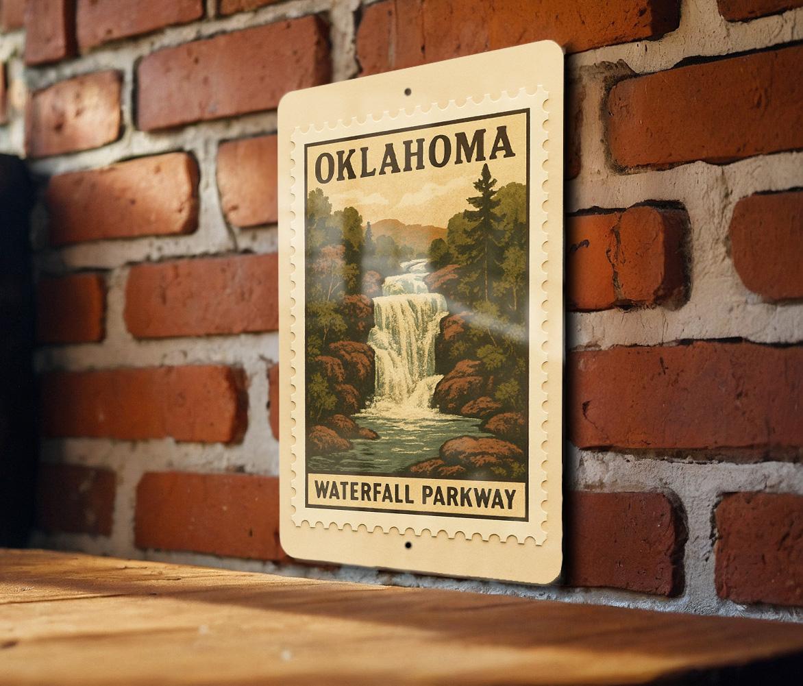 Oklahoma Waterfall Parkway Metal Sign – Vintage Stamp Style Wall Art, Rustic State Decor, Retro Travel Road Sign Gift — photo 4